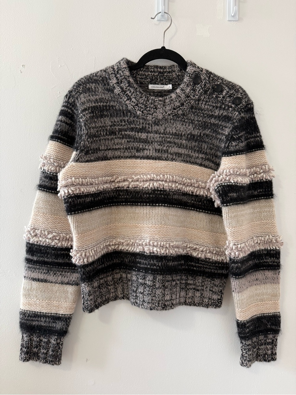 Unsubscribed Cashmere Raccoon Hair Chunky Striped Button Crew Sweater